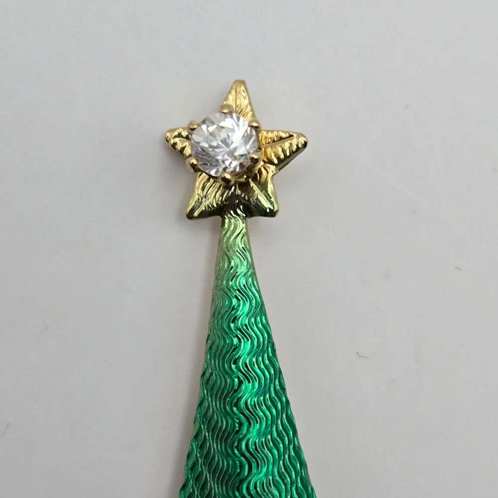 Cerrito Christmas Tree Brooch Green Enamel Rhinestone Star Signed Vintage